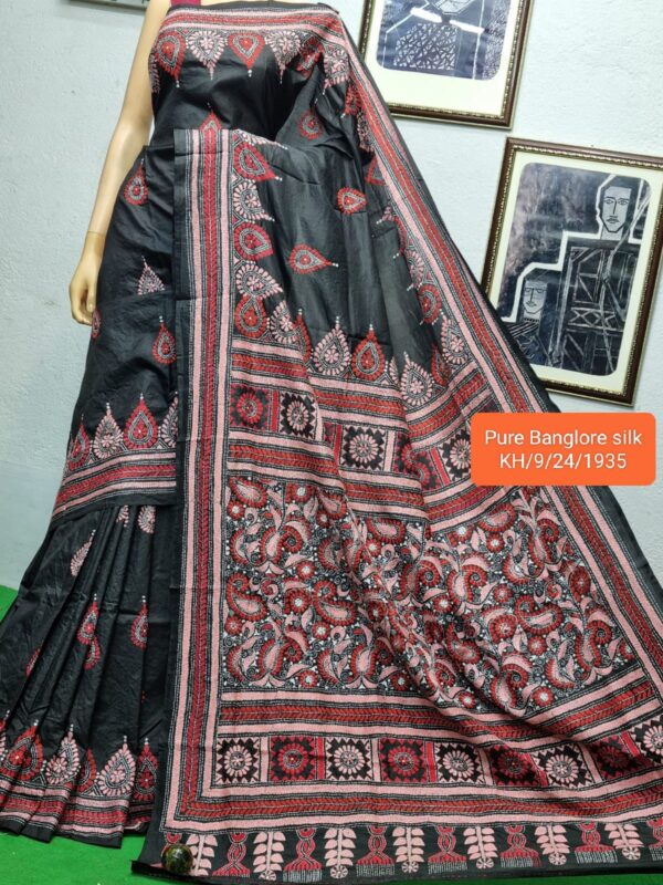 Pure Banglore silk/ Bishnupuri Katan silk/ Tossore silk kantha stitch sarees with bp & silk mark certification
