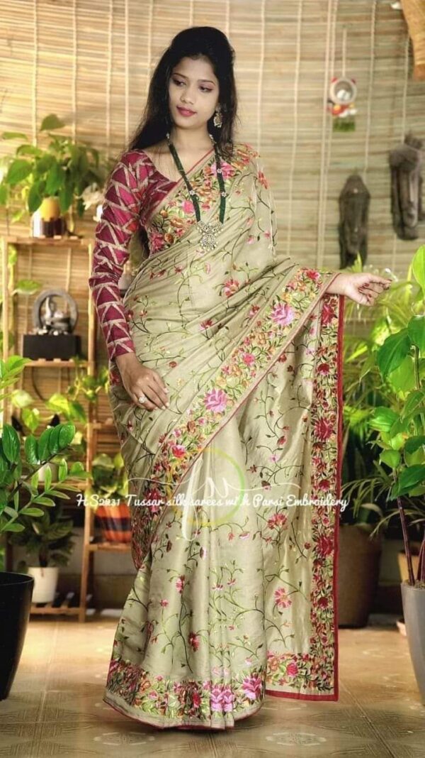 Pure tasar by deshi tasar parsi embroidery work silk saree with BP