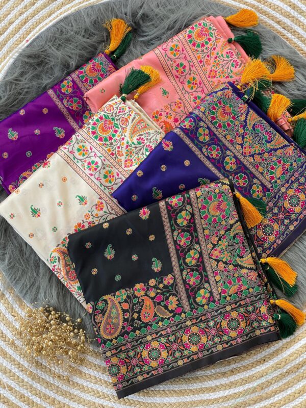 Pashmina Kashmiri Sarees with meena weaves and kashmiri weaves all over the body with rich woven meenakari pallu with Designer tassels
