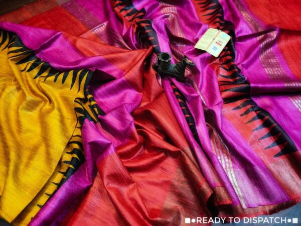 Fine Quality Of Pure Tussar Ghicha Beautiful Printed Silk Saree With Golden Zari Border And Zari Pallu Striped