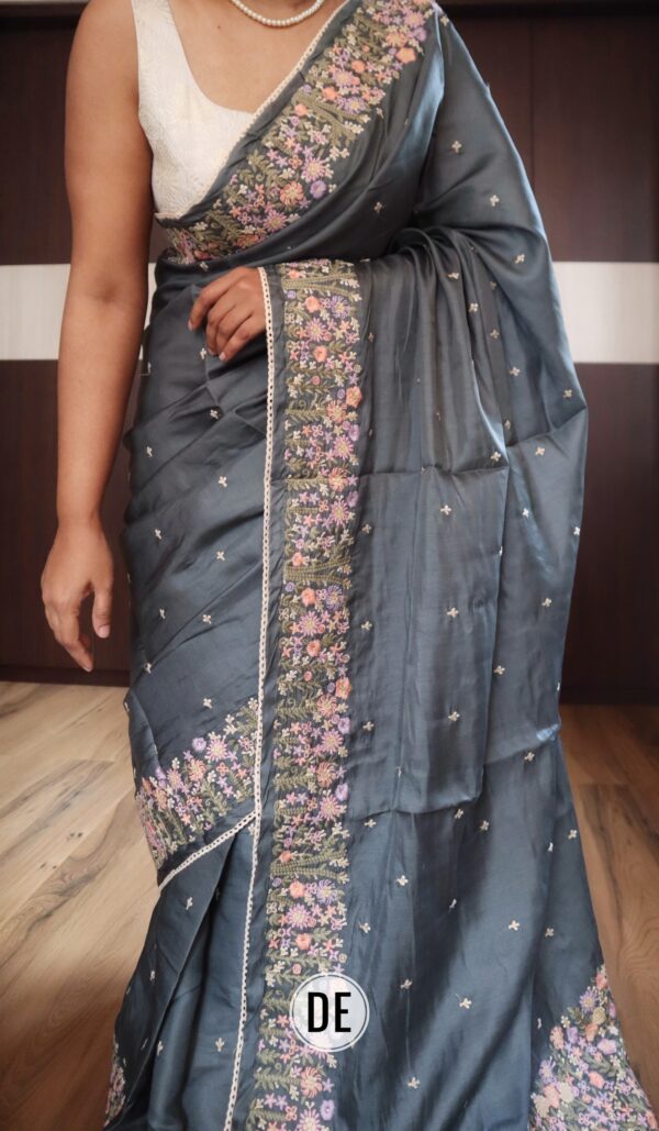 Handcrafted parsi embroidery on beautiful tussar silk saree