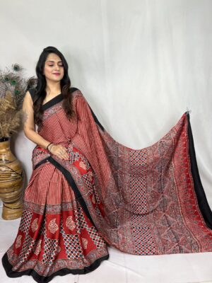 Ajrakh hand block print modal silk sarees