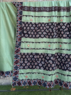 Pure Cotton with Ajarkh Print Applique patch and Mirror Work Saree