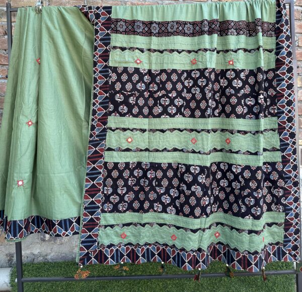 Pure Cotton with Ajarkh Print Applique patch and Mirror Work Saree