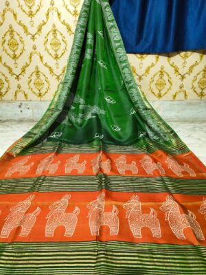 Bishnupuri katan silk 3 ply inchi & tample border block print