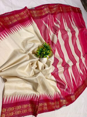 100% pure tussar handloom vidarbha temple border saree with contrast blouse