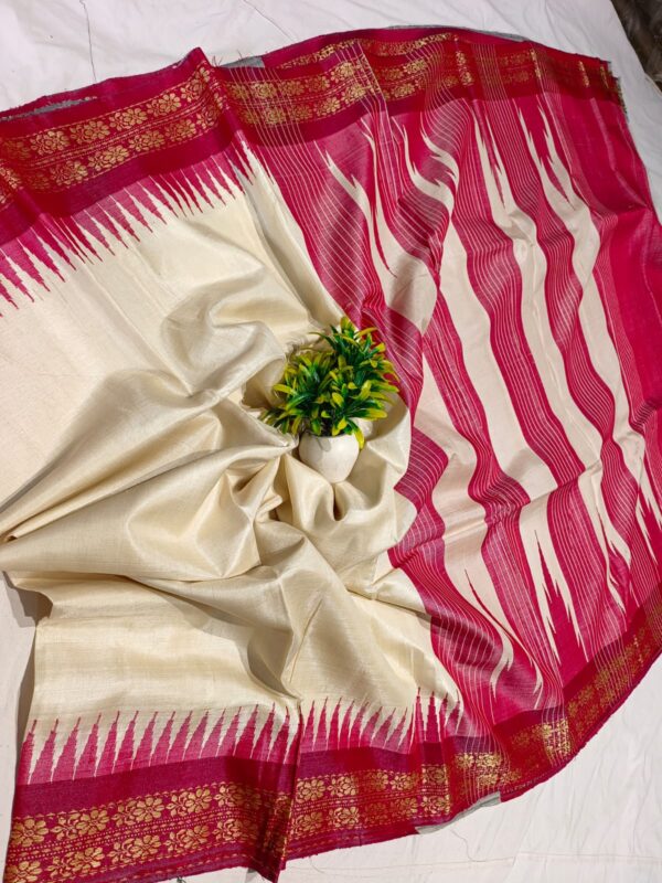 100% pure tussar handloom vidarbha temple border saree with contrast blouse