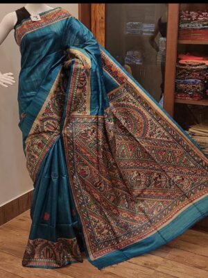 Pure Tasar Ghicha madhubani hand painting work silk saree with BP