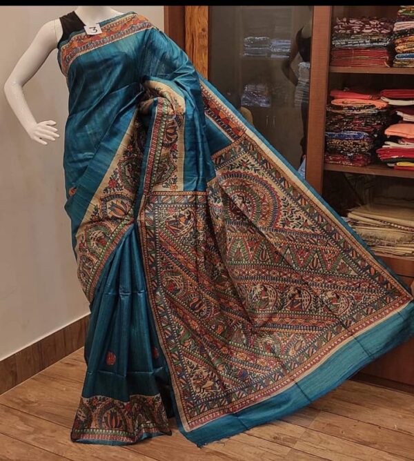 Pure Tasar Ghicha madhubani hand painting work silk saree with BP