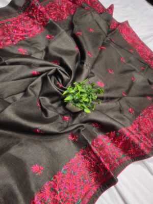Semi tussar silk heavy kasmiri work embroidery border and body buti work design saree with contract red blouse