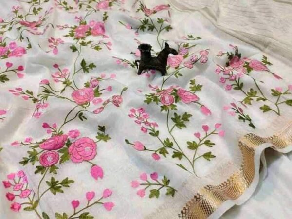 Pure linen silk embroidery 🪡 work silk saree with BP