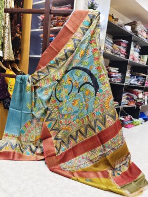 MOST EXCLUSIVE HAND PAINT KALAMKARI DESIGN ON  ZARI BORDER BISHNUPURI TASSOR SAREE WITH BLOUSE