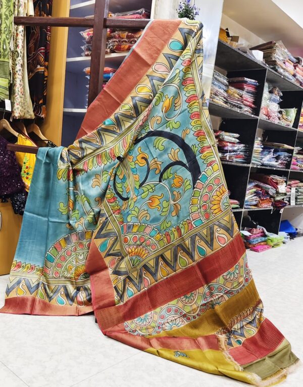 MOST EXCLUSIVE HAND PAINT KALAMKARI DESIGN ON  ZARI BORDER BISHNUPURI TASSOR SAREE WITH BLOUSE