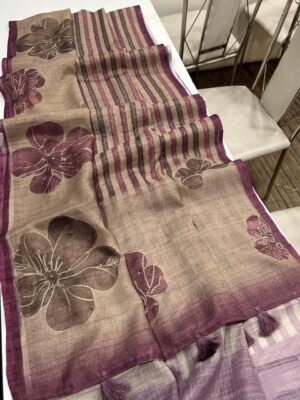 Trendy printed bengal linen tissue sarees with paired with hand kantha work